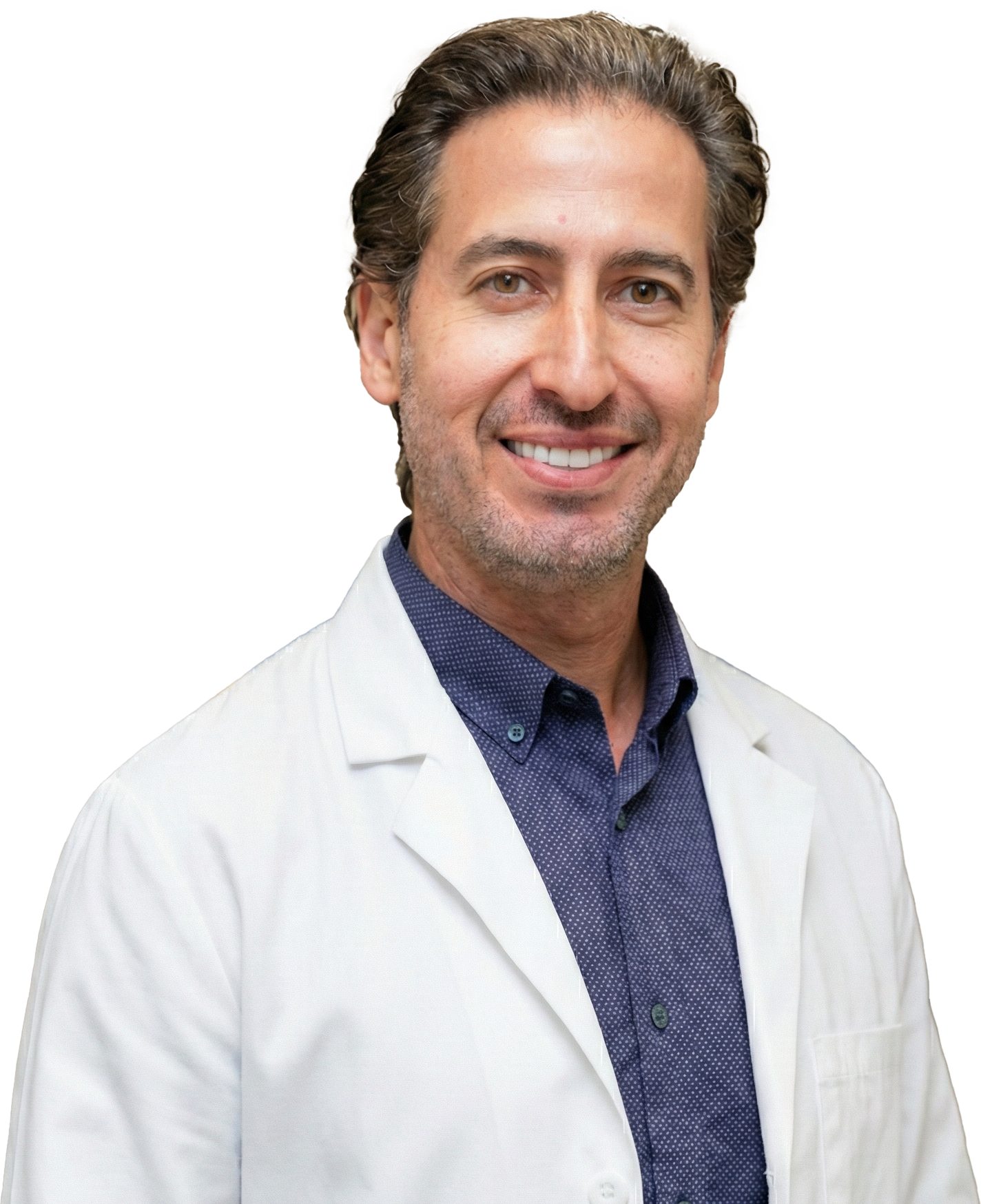 Smiling man in white coat, blue shirt; appears to be a doctor, looking at the viewer.