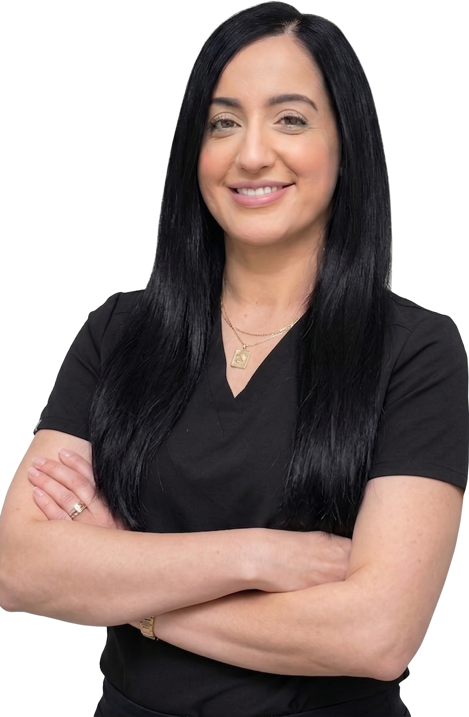 Woman with long black hair, wearing a white lab coat, arms crossed, smiling.