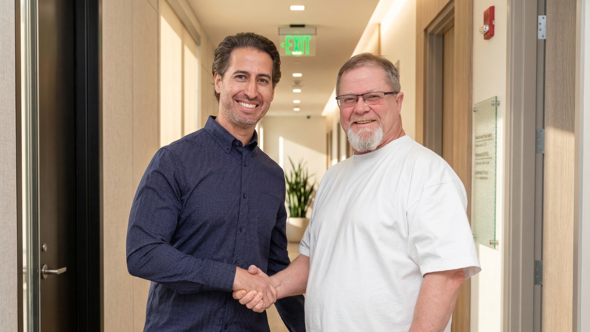 Two men shake hands in a hallway, smiling at the camera.