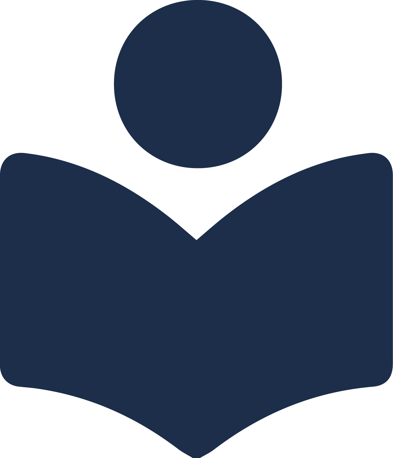 Person with a circular head, sitting above an open book, both in dark blue.