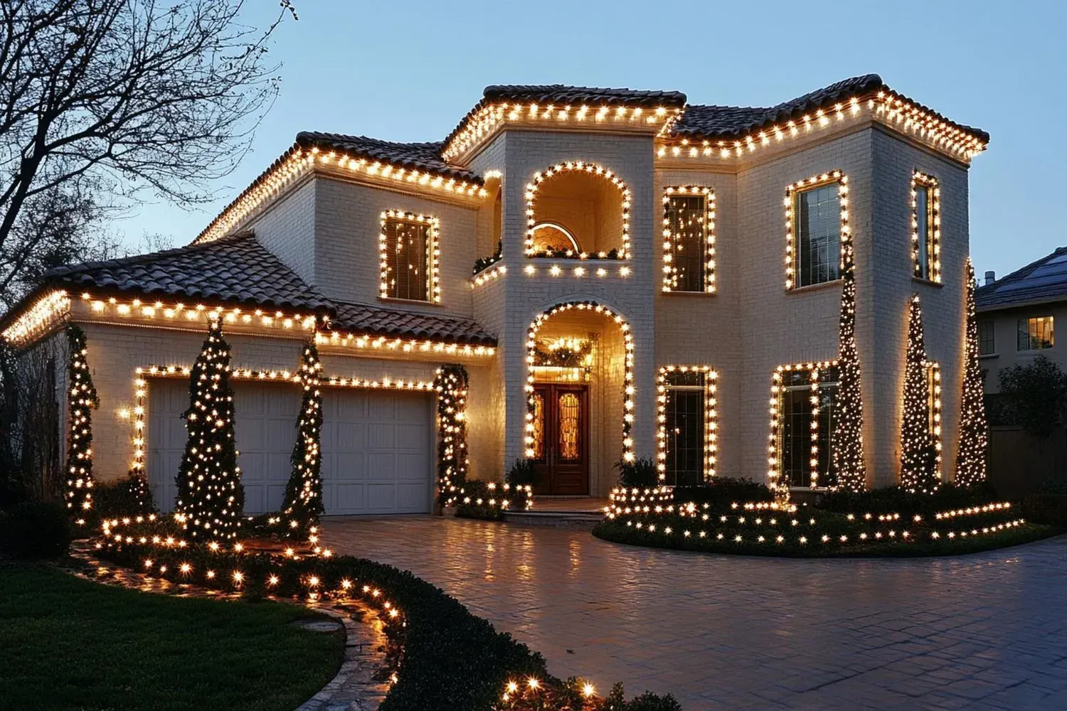 House with elaborate Christmas lights display; rooflines, windows, and bushes outlined in warm white lights.