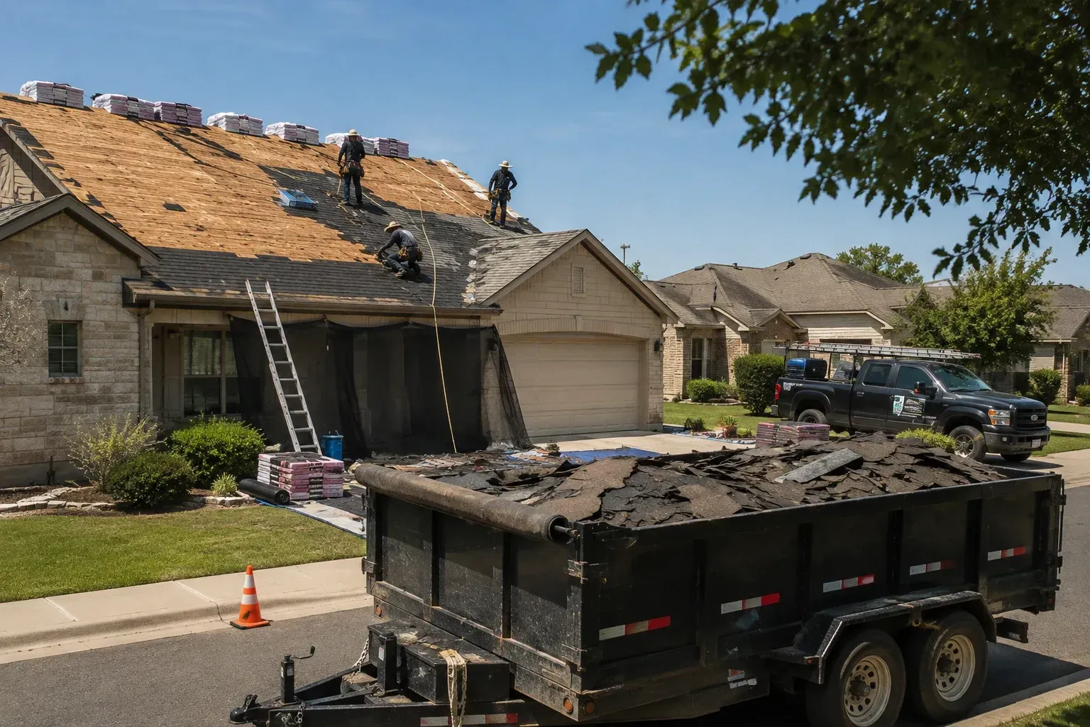 How Long Does a Roof Replacement Take in Amarillo, Texas? Crew replacing residential roof.