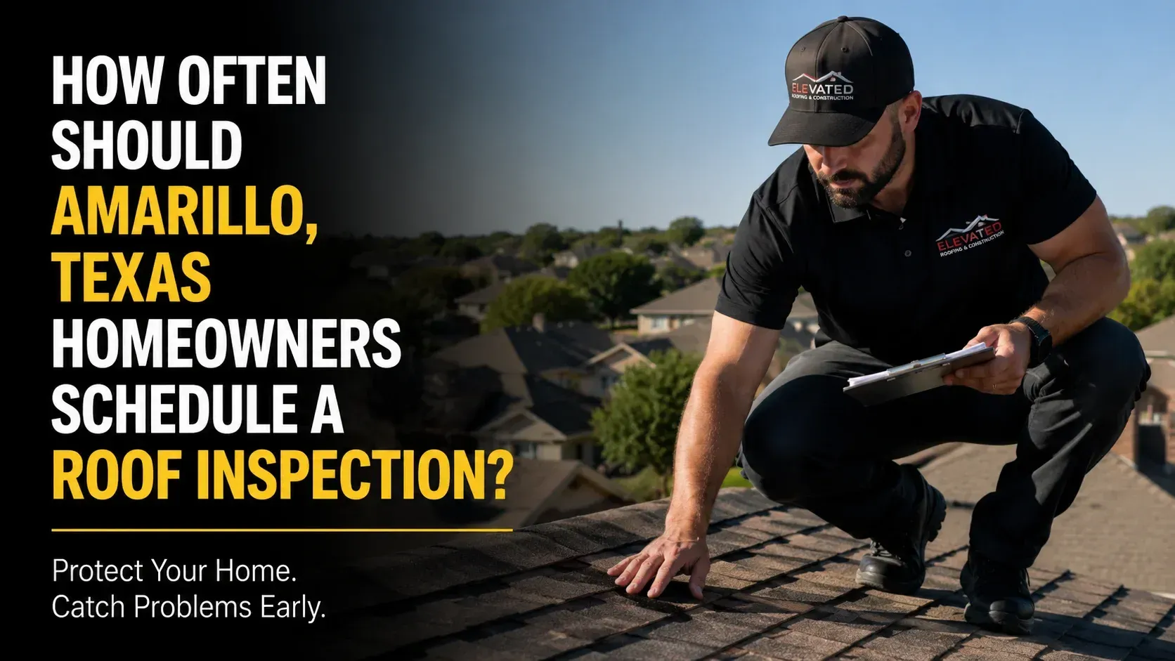 A professional roofer kneeling on a shingle roof next to bold text asking