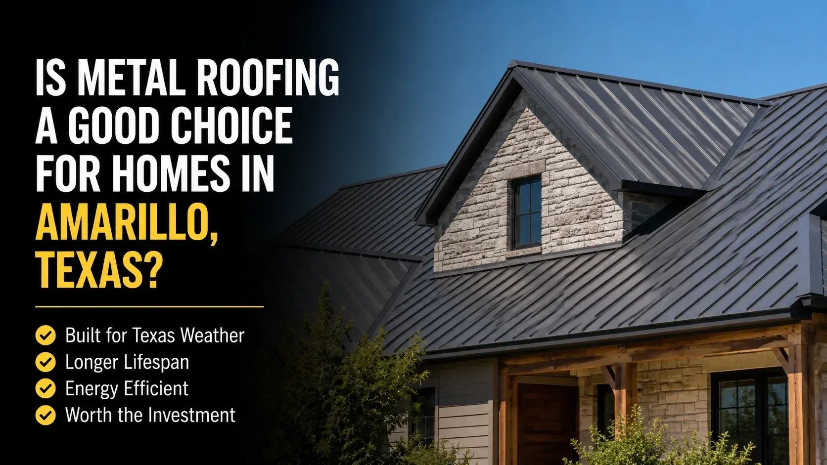 An elegant modern home with a stone facade and warm outdoor lighting under a dark night sky, illustrating how a quality roof installation makes people wonder, 'Is Metal Roofing a Good Choice for Homes.