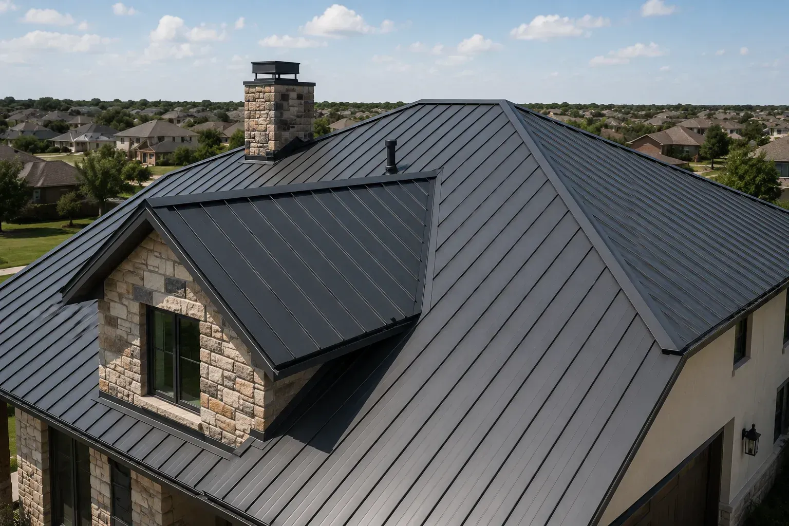 Modern home with metal roof & stone chimney: is metal roofing a good choice for homes.