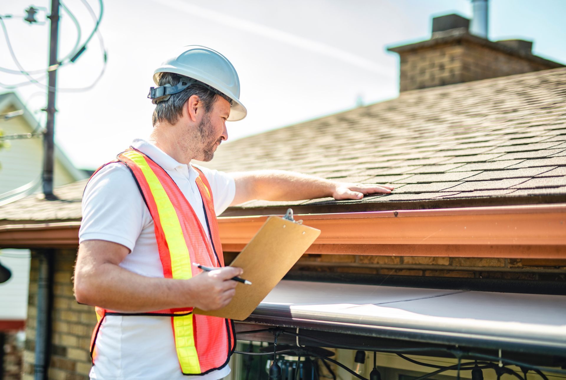 Inspector in hard hat and safety vest examines a rooftop and gutter while holding a clipboard.