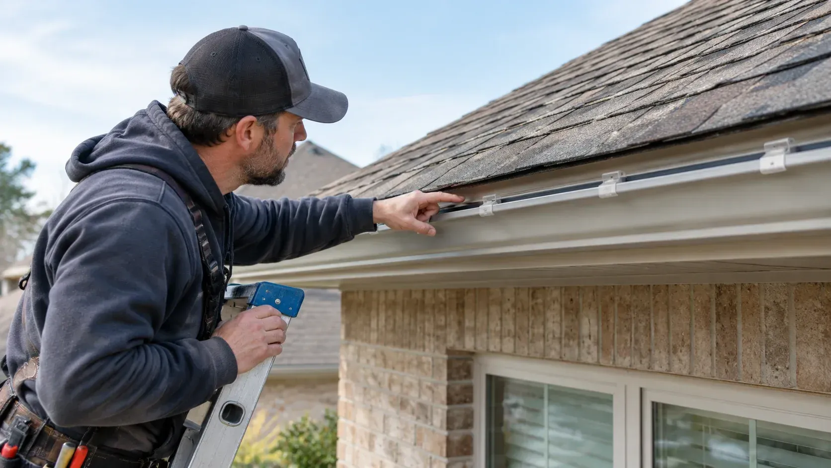 A roofing professional inspecting and installing permanent holiday lighting along a shingle roofline to illustrate Does Installing Permanent Holiday Lighting Void Your Roof's Shingle Warranty?
