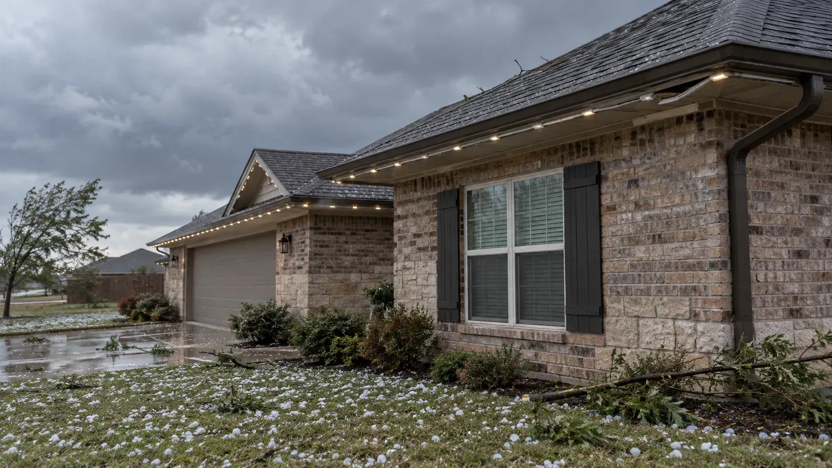 House with roofline permanent lights, showing effects of Amarillo hailstorms and winds.