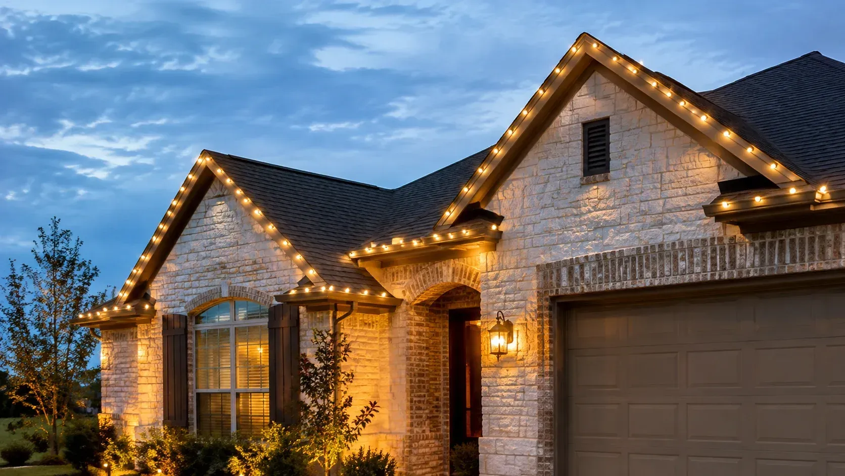 Residential house with permanent LED roof lights showing year-round Texas weather safety.