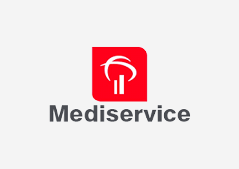 Um logotipo vermelho e branco para mediservice em um fundo branco.