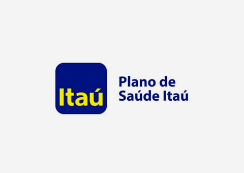 Um logotipo azul e amarelo para o plano de saúde itau em um fundo branco.