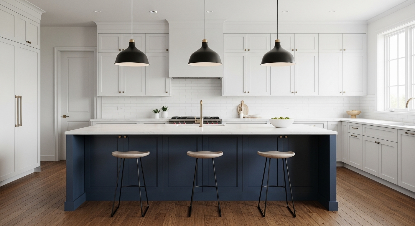 Bright modern kitchen with white cabinets, navy island, black pendant lights, and three stools.