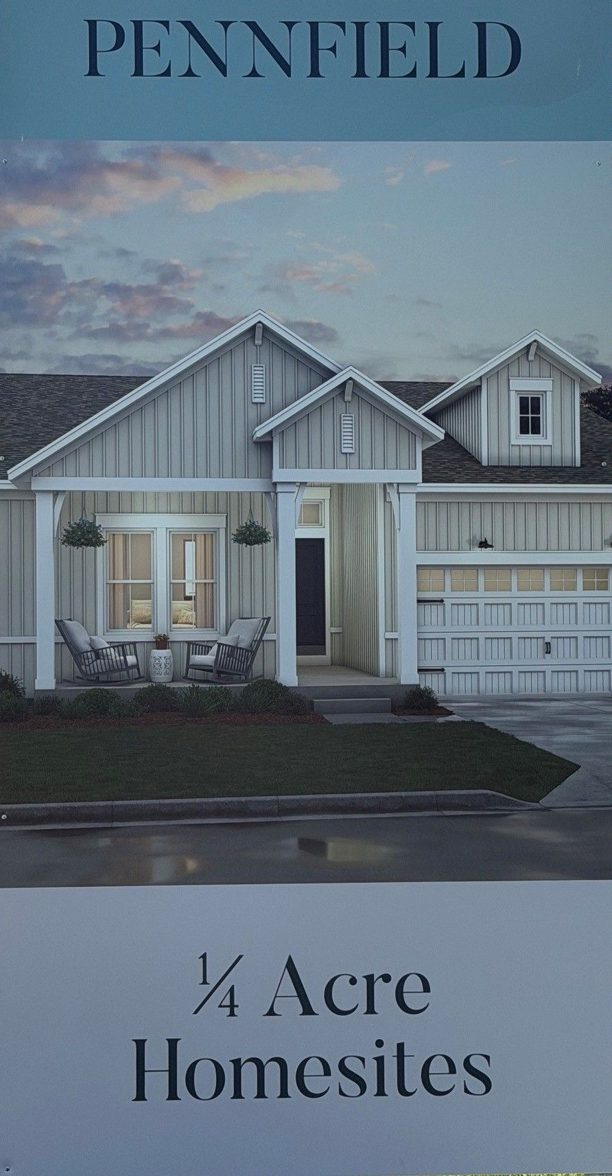 Picture of Four Seasons at Pennfield builder sign stating that homesites are 1/4 acre. 