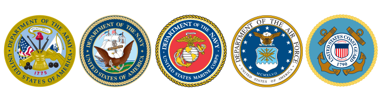 A row of united states military seals on a white background