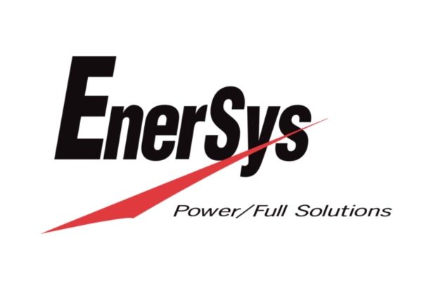 EnerSys logo featuring black text with a red swoosh underline and the slogan 