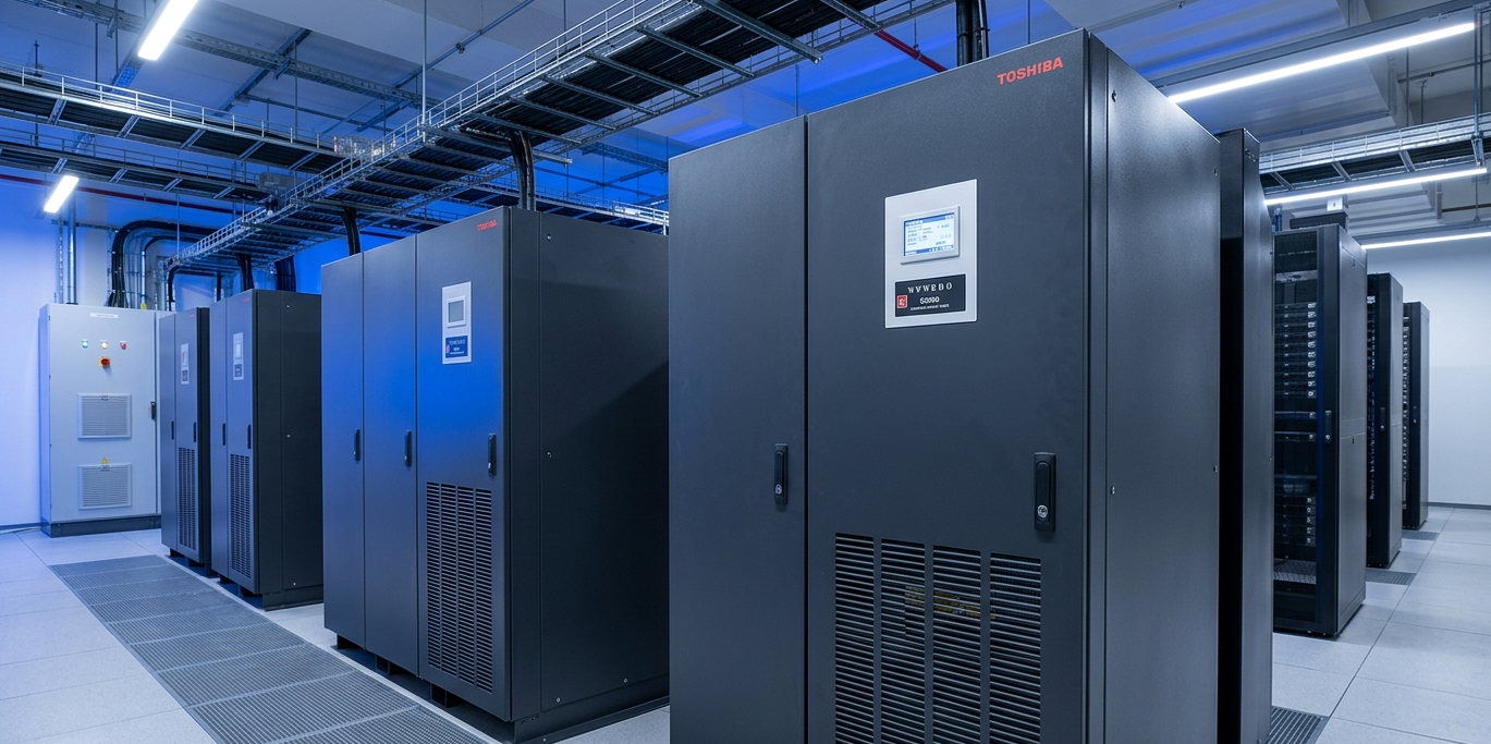 A row of large, dark grey computer server cabinets in a brightly lit data center.