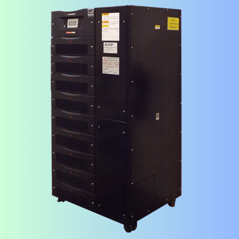 A black, tall, industrial uninterruptible power supply (UPS) unit with a digital control panel and vented front panels.