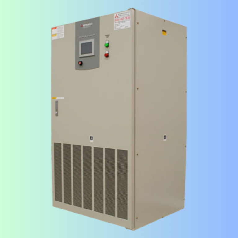 A beige, industrial Mitsubishi Electric Uninterruptible Power Supply (UPS) cabinet with a central touchscreen interface.