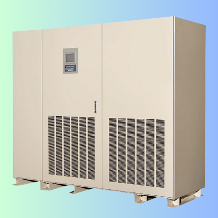 A beige, industrial Uninterruptible Power Supply (UPS) cabinet with front vents and a small digital control panel.