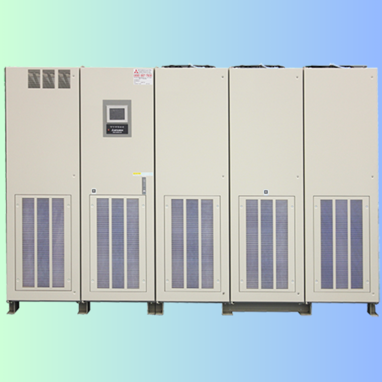 A modular row of five beige industrial cooling units for data centers, featuring ventilation grilles and a digital display.