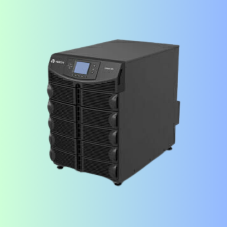 A black Vertiv Liebert UPS power supply unit with a digital display screen against a blue-to-green gradient background.