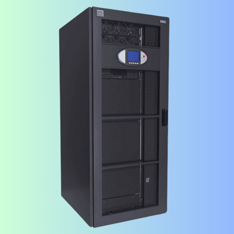 A tall, black industrial server cabinet with a digital control display on a gradient blue and green background.