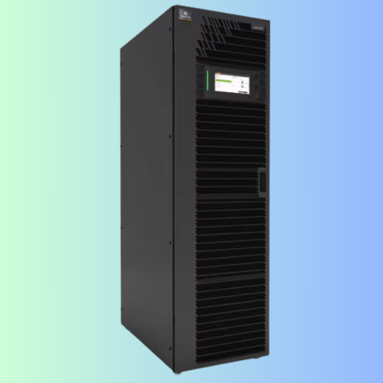 A tall, black industrial UPS power unit with a digital display screen, set against a teal and blue gradient background.