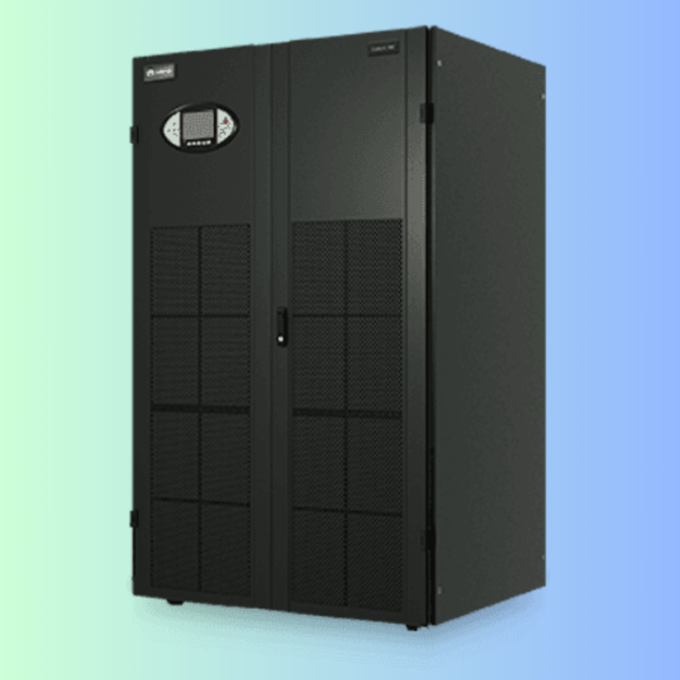 A black, tall, rectangular industrial UPS unit with a front control panel display and ventilated doors.