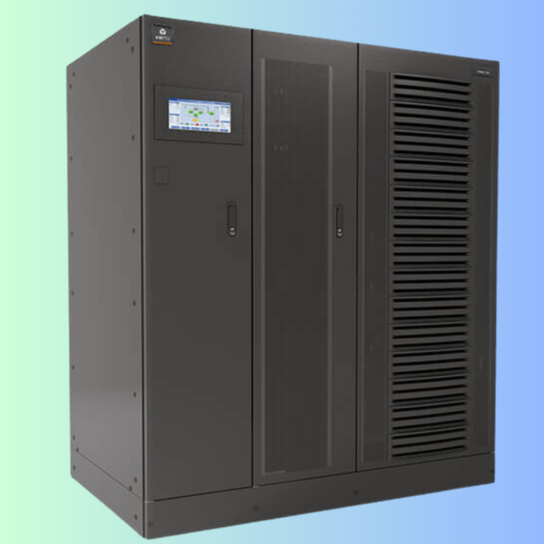 A dark gray, industrial uninterruptible power supply (UPS) cabinet with a central touchscreen display.