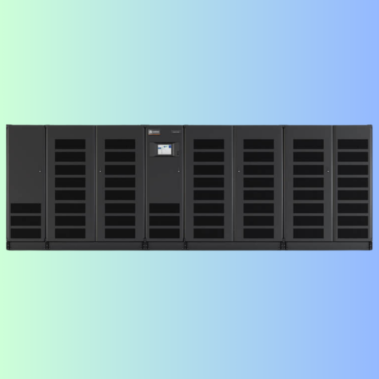 A modular, black industrial uninterruptible power supply (UPS) cabinet with a central control display.