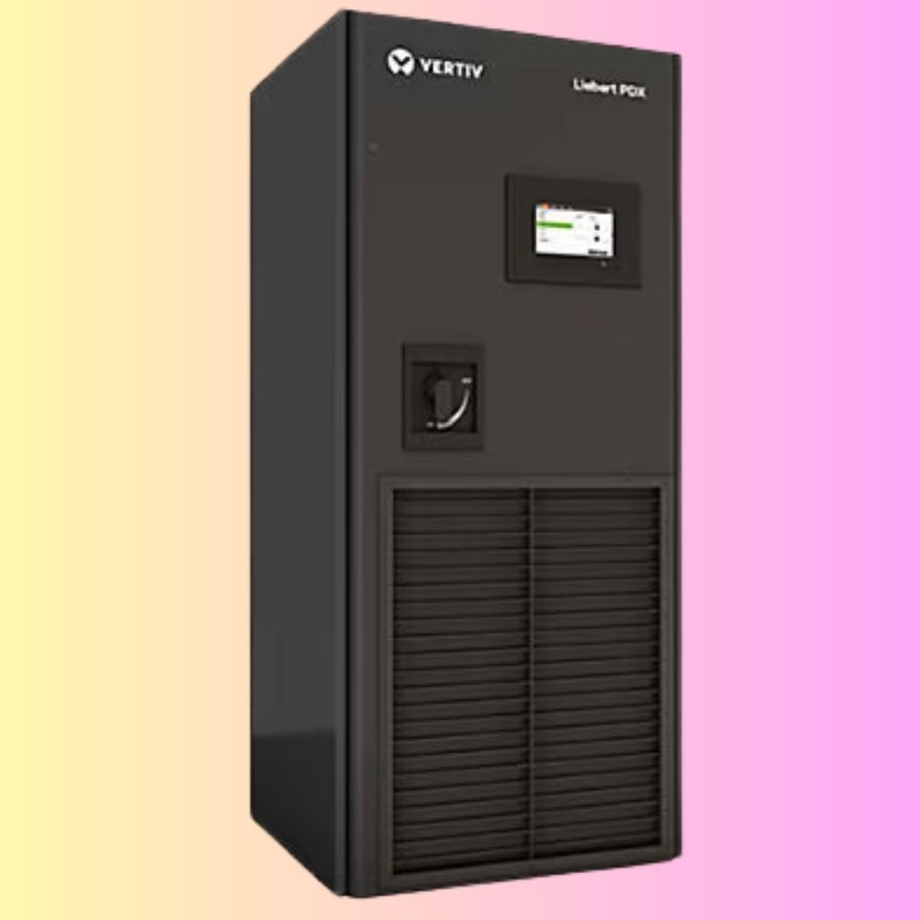 A black Vertiv Liebert PDX data center cooling unit with a digital interface panel and a power switch on the front.