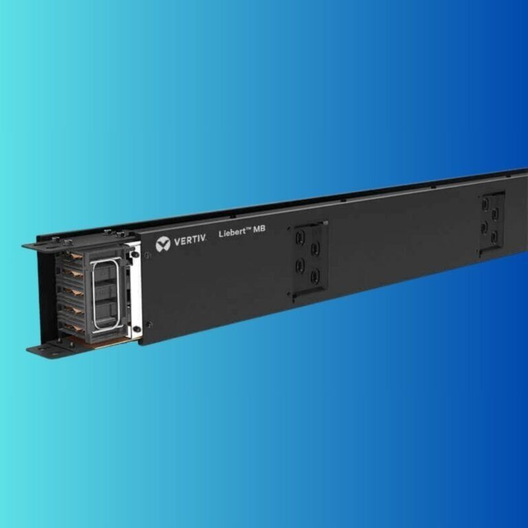 A black Vertiv Liebert MB busway power distribution unit set against a blue gradient background.
