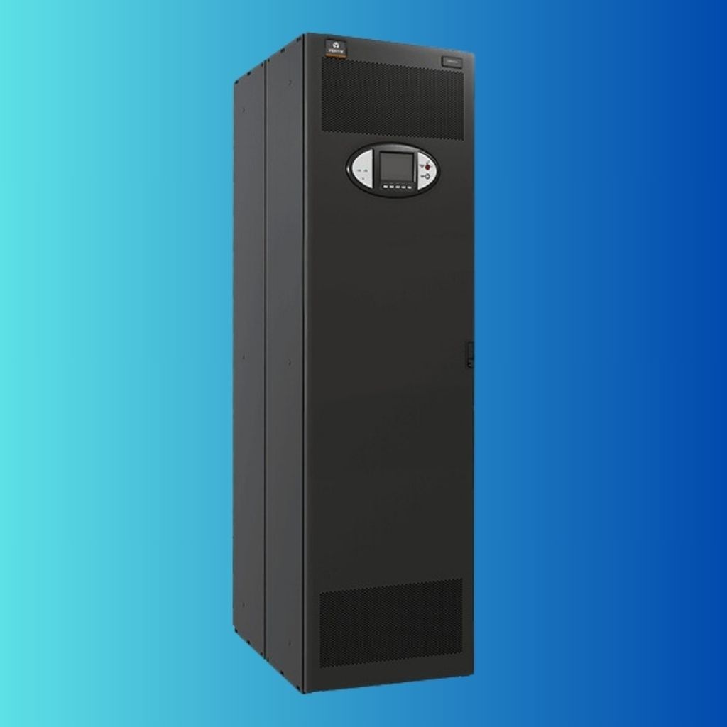 Black UPS tower unit with front digital control panel on a blue gradient background.