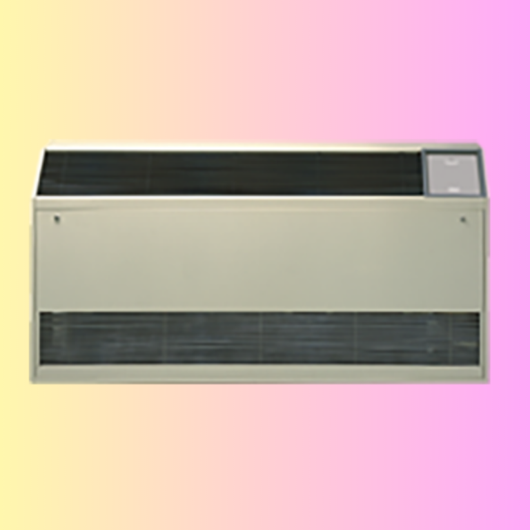 Beige wall-mounted PTAC air conditioner unit with a black top vent and a digital control panel on the right side.