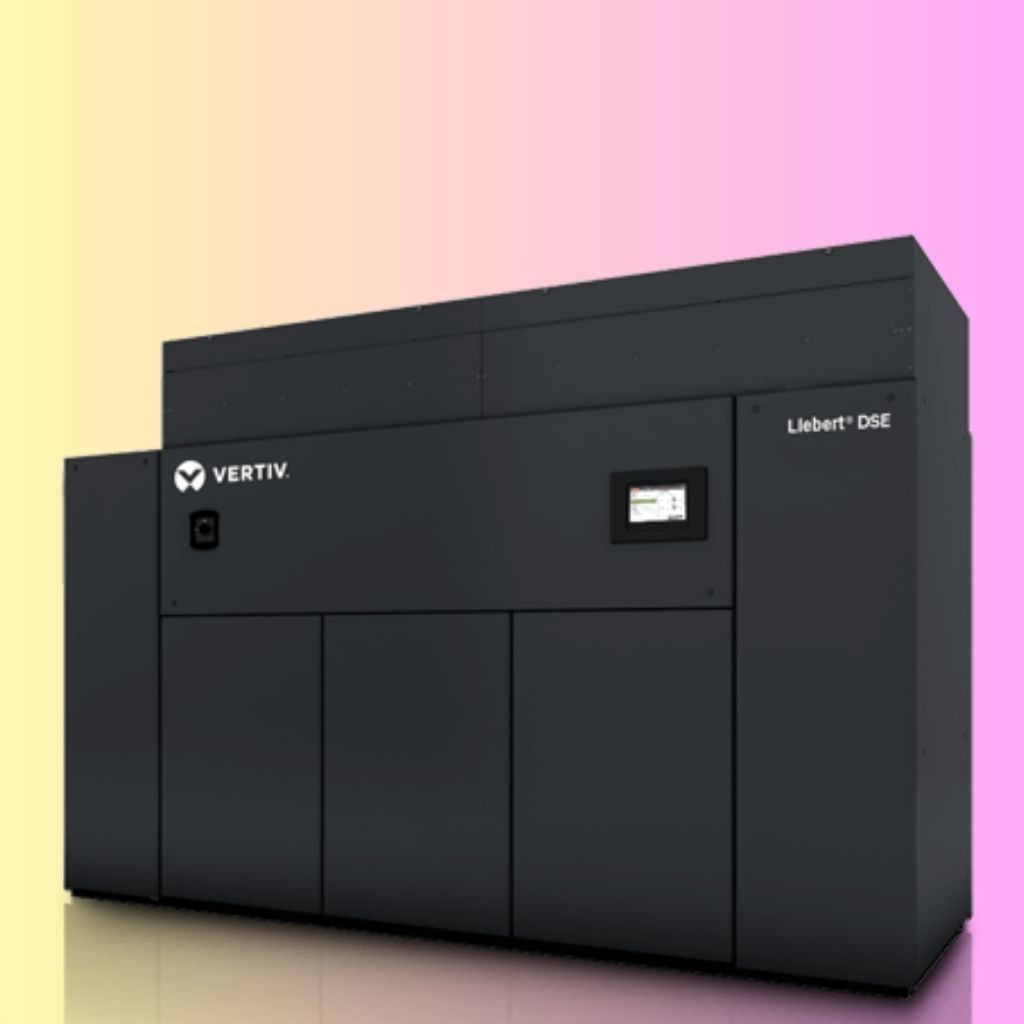 A matte black Vertiv Liebert DSE cooling unit with a central digital display screen, set against a two-toned background.
