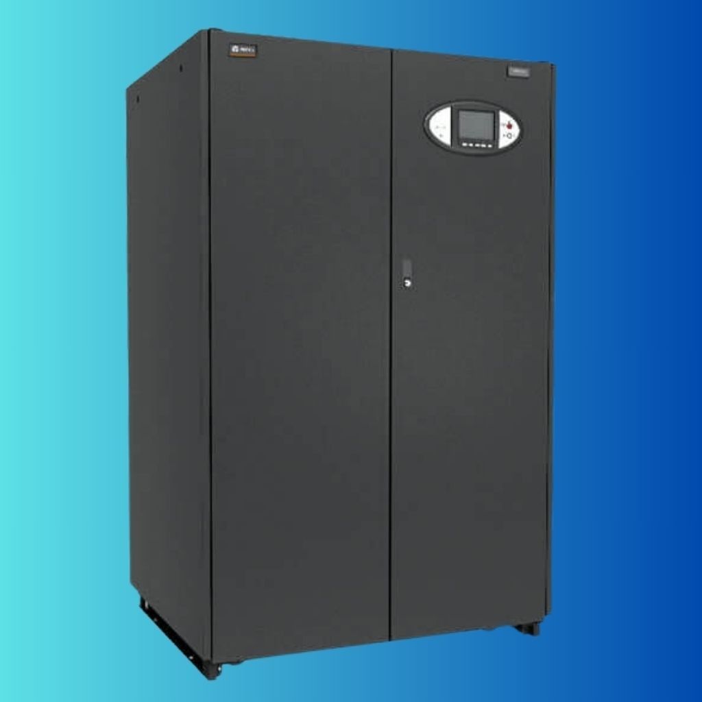 A tall, dark gray industrial UPS unit with a central digital control panel, standing against a blue gradient background.