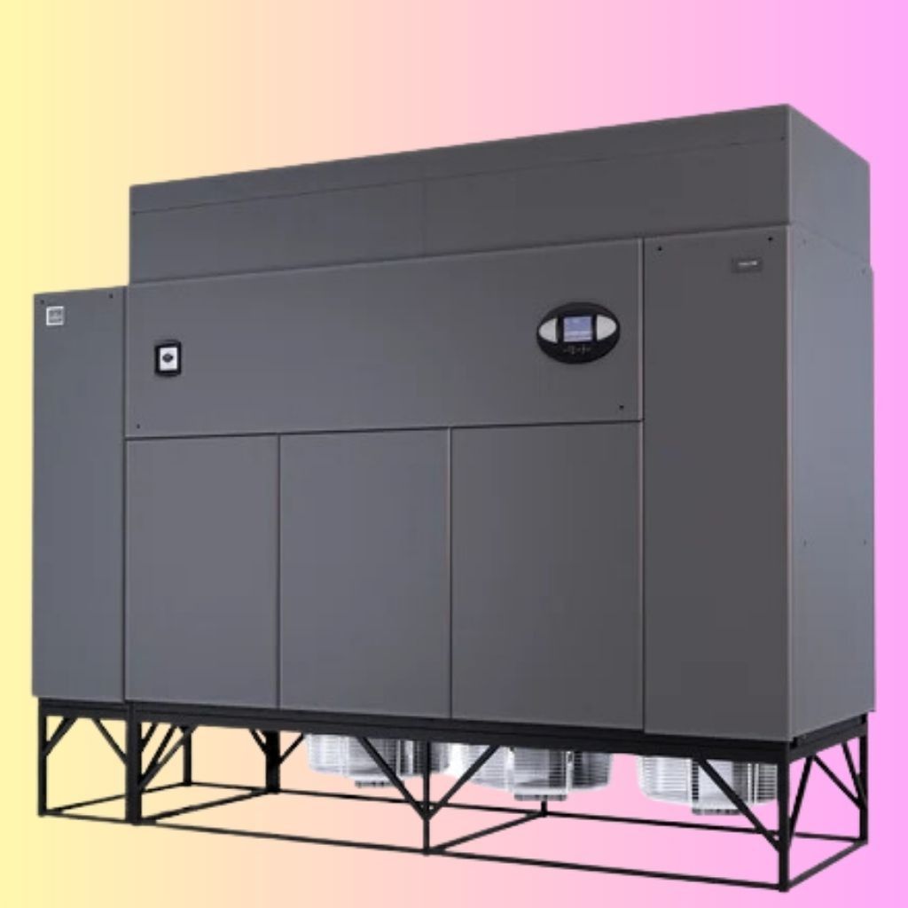 Large, rectangular gray industrial server or data center cooling unit on a black metal frame against a gradient background.