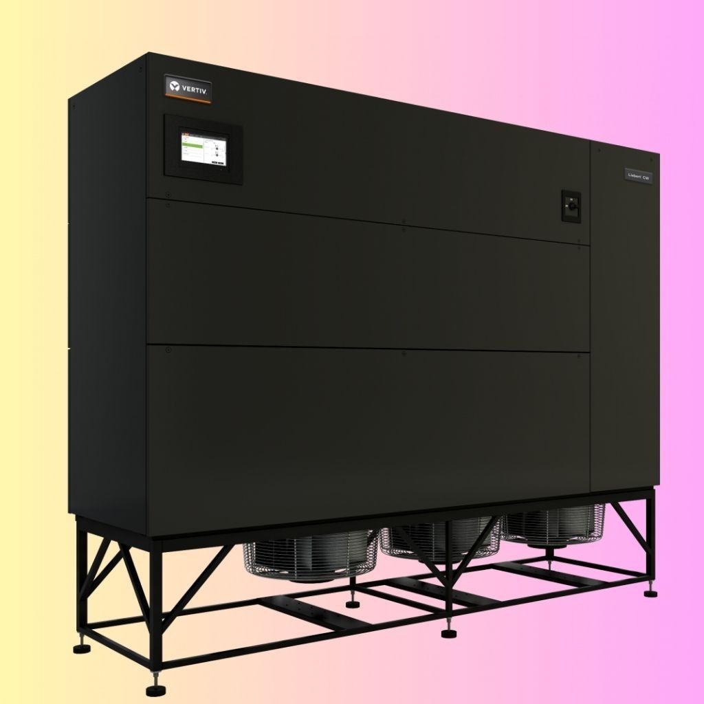 A large, rectangular black industrial cooling unit mounted on a black metal frame with three visible fan components.