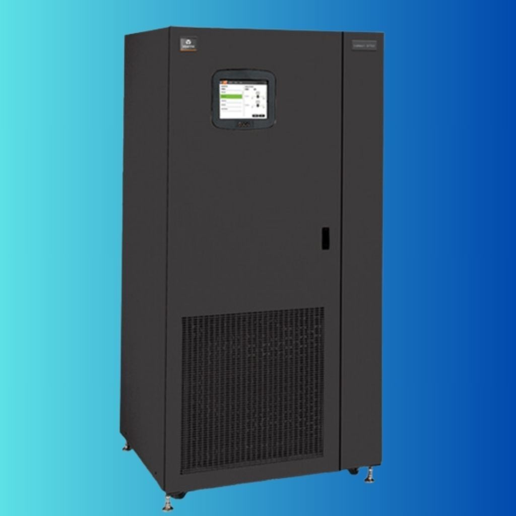 A dark gray Vertiv Liebert precision cooling unit for data centers, featuring a central touchscreen and a bottom vent.