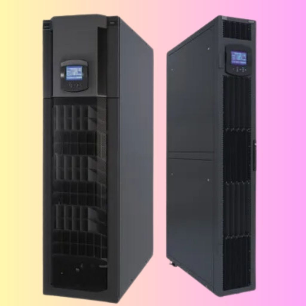 Two black tower Uninterruptible Power Supply (UPS) units displayed side-by-side against a yellow and pink background.