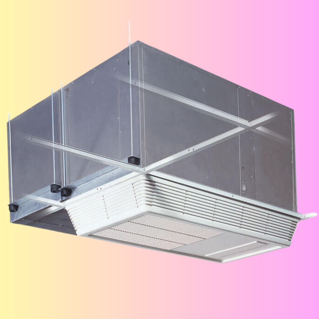 A ceiling-mounted air conditioning unit featuring a metal casing and white louvered vents, set against a gradient background.
