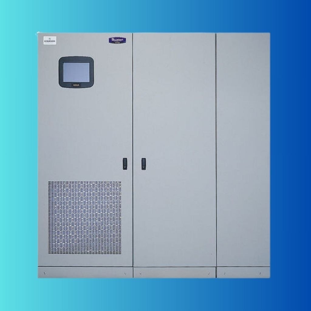 A large, grey, industrial server or climate control cabinet with a digital touchscreen display and a perforated vent.