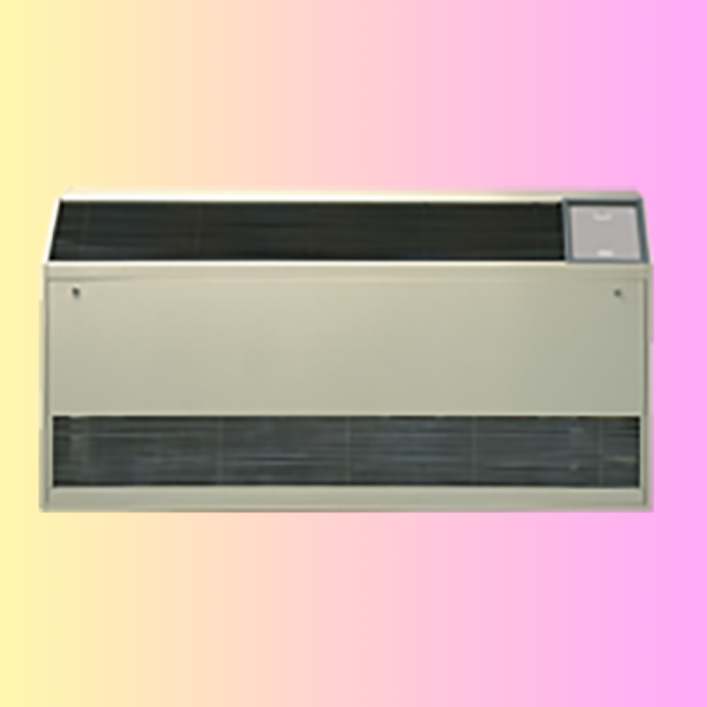 A beige packaged terminal air conditioner (PTAC) unit with a dark vent grill against a yellow and pink gradient background.