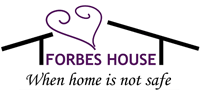 Logo of Forbes House, a purple heart between two black roof lines, with text 