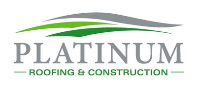 Logo for Platinum Roofing & Construction: gray house and hammer with green accents, company name below.