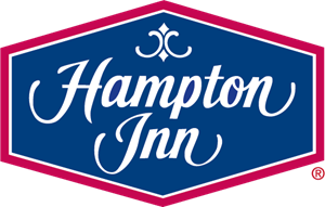 Hampton Inn logo: Blue and white text in a red and blue hexagonal shape.