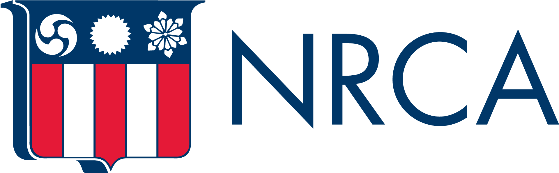 NRCA logo: Shield with symbols and striped columns, beside the letters NRCA in dark blue.