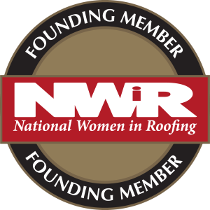 Logo: National Women in Roofing, founding member seal, red rectangle, white letters, brown and black circle border.