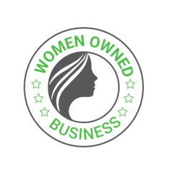 Women Owned Business logo with green text, a woman's profile, and stars.