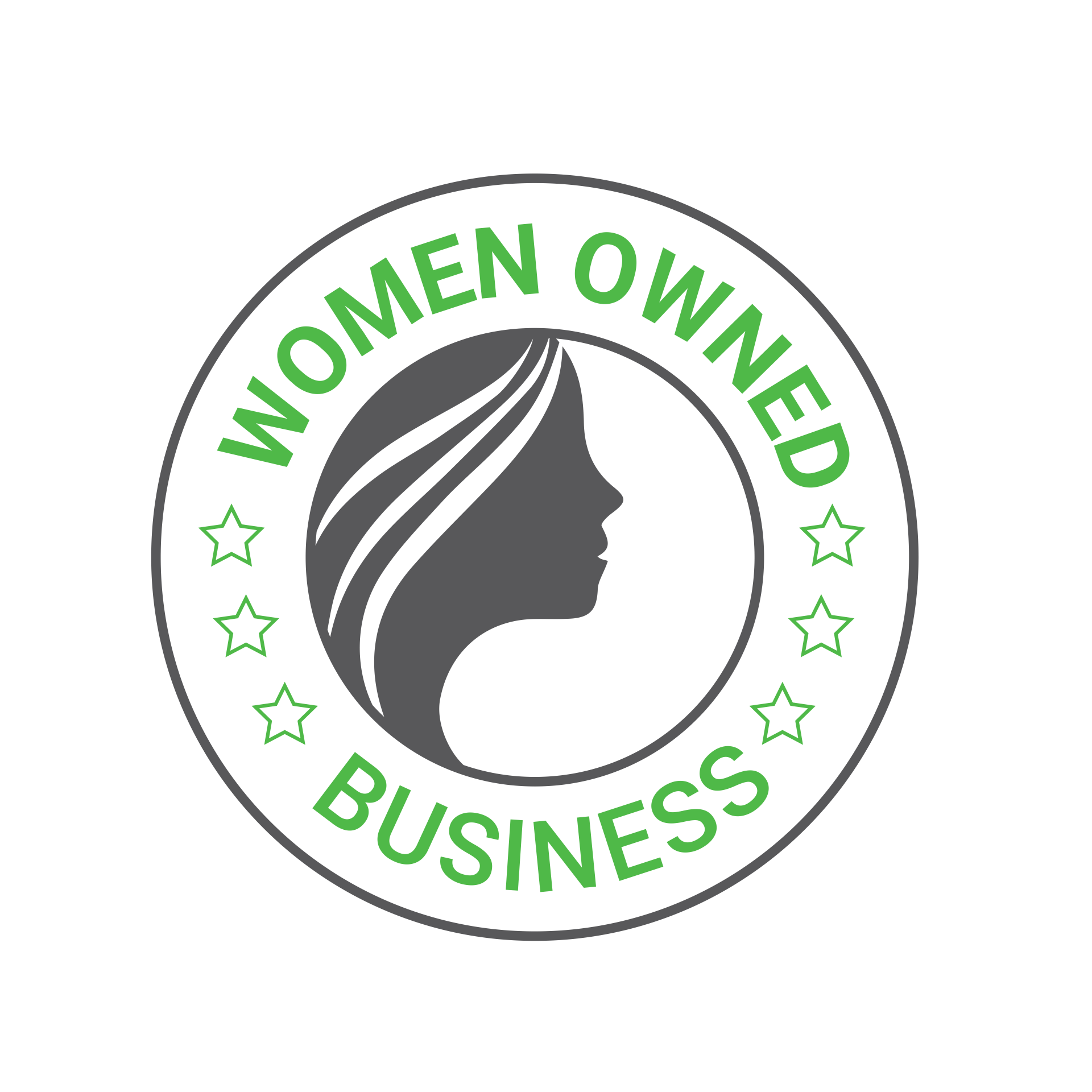 Women Owned Business seal featuring a woman's profile in gray, with green text and stars on a white background.